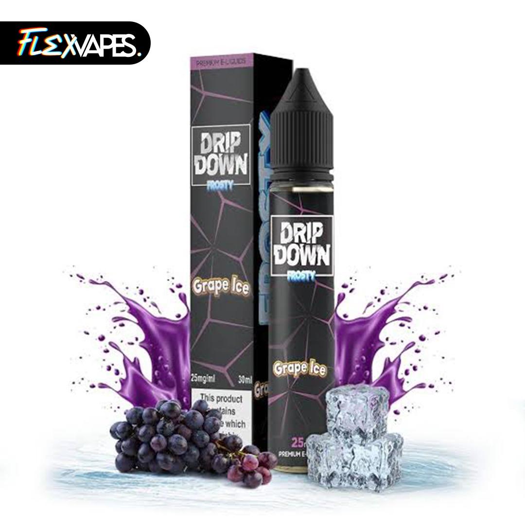 FlexVapes Drip Down Grape Ice e-liquid product ad with grapes and ice cubes